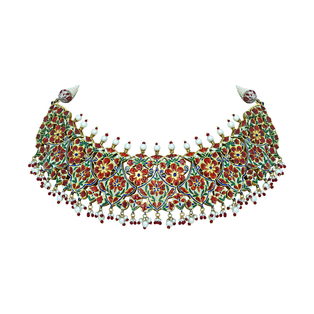 Polki Semi-Choker with Red Enamel and Pearl Beads